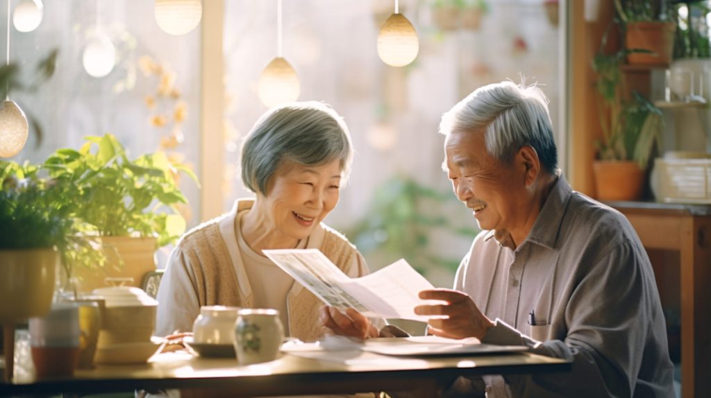 65 plus couple looking over documents together at a table