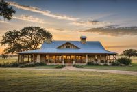 A beautiful stone ranch house with a wide front porch, wooden beams, and a metal roof sits under a colorful sky at sunset. Large oak trees stand tall in the background, adding to the peaceful ambiance; texas property tax exemptions for Texas homestead and more