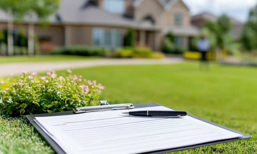 clipboard with property tax appraisal value in front of a home clipboard with property tax appraisal value in front of a home