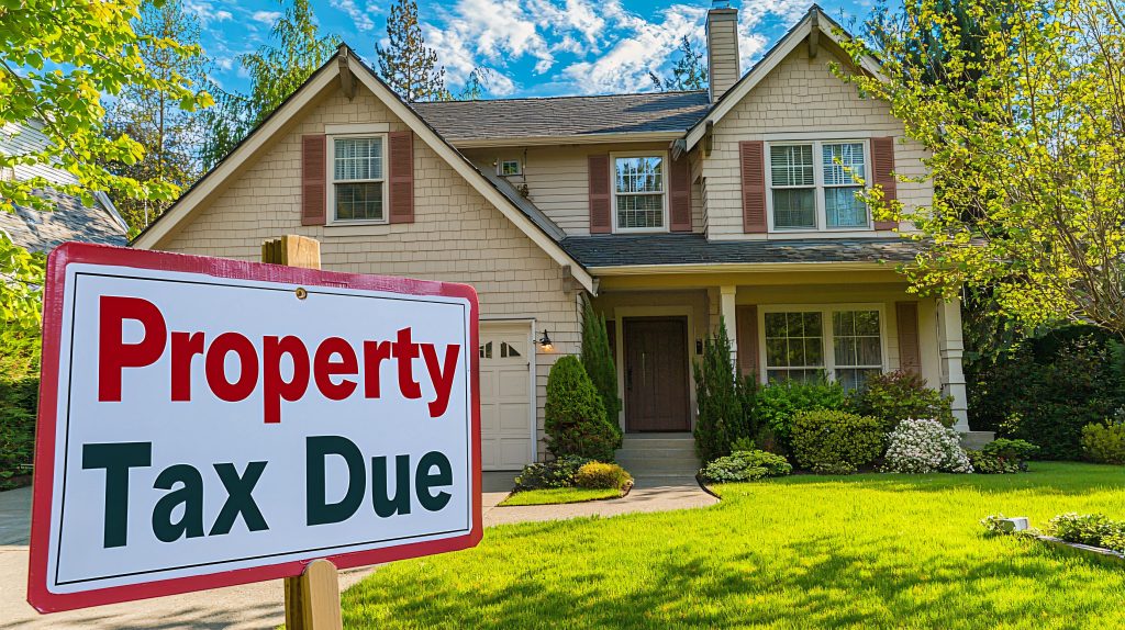 A family home with a "Property Tax Due" sign on the front lawn, emphasizing what you need to know about your Texas property tax bill