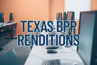 row of computers in an office with overlay text, "Texas BPP Rendition"