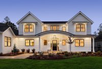 Beautiful modern farmhouse style luxury home exterior at twilight